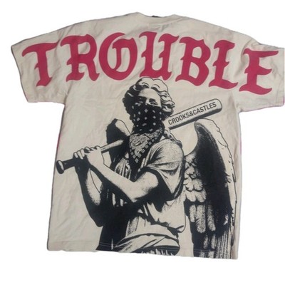 Crooks & Castles Men's Medium Trouble Skimask Gang Allover Graphic Cream Tshirt