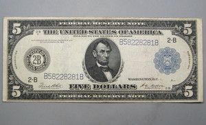 Better-grade 1914 $5 Five Dollar FRN Federal Reserve Note - New York NY. FR.855A
