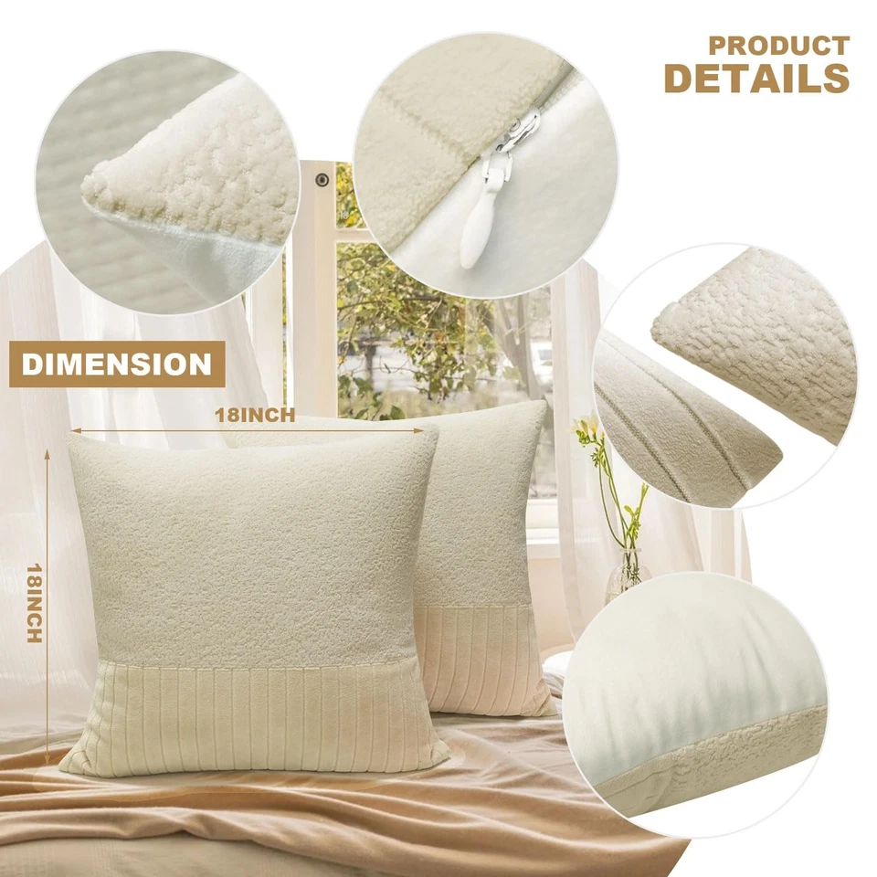 Pack of 2 Striped Throw Pillow Covers 18x18 Inch Beige Patchwork Pillow Cover... - Image 2 of 4