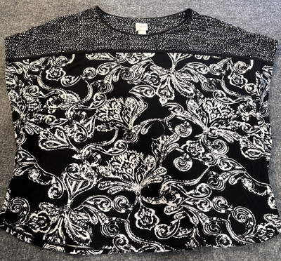 Chicos Top Womens Large Extra Black White Floral CareerTunic Stretch