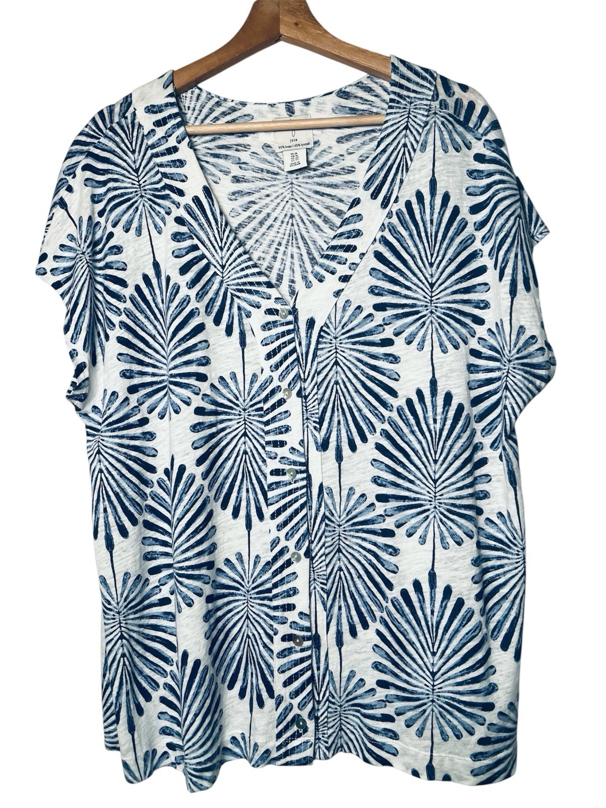 Joie Top Navy & White 1X Linen Blend V-Neck Knit Coastal Beach