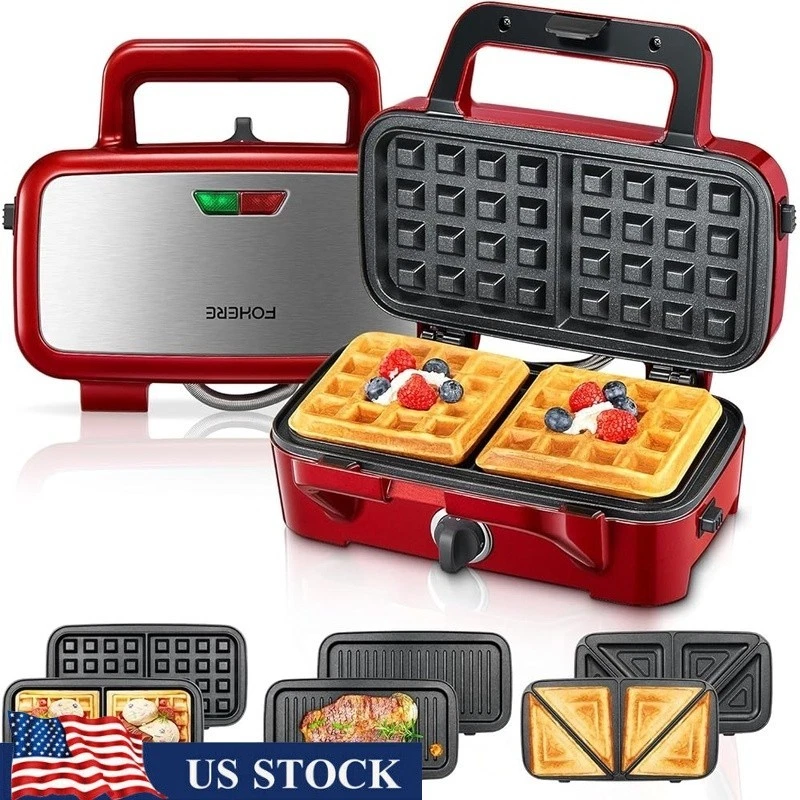 3 in 1 Waffle Maker Non Stick Sandwich Grill Portable Panini Press Fast Heating
