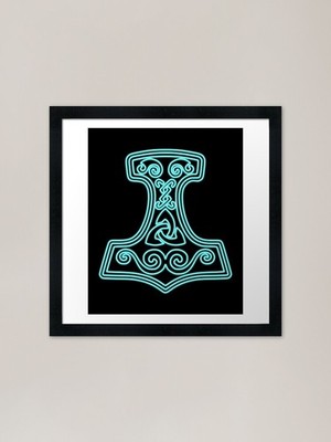 Thor Hammer - Mjr.ir - blau neon gerahmtes Wandbild Poster Leinwanddruck Bild