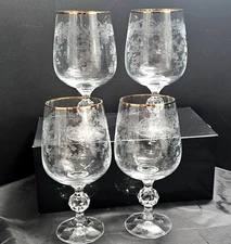 4 Crystalex Queens Lace Water Glasses 6.5" handblown Bohemia Crystal etched glas