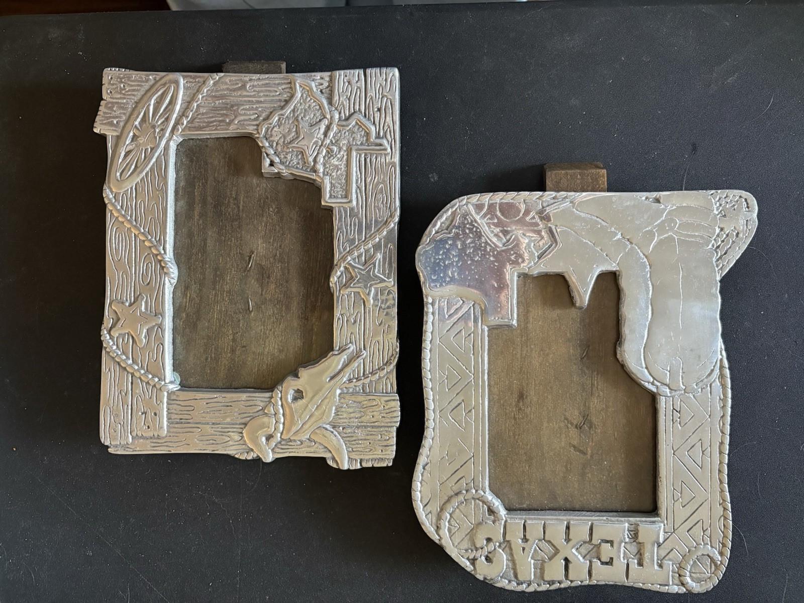 Texas Silver Tone Picture Frames with Boots Flags and Stars Pair of 2-image