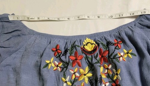 Rebellion Kleid Damen groß gestreift schulterfrei bestickt Blumen Mini blau - Bild 4 von 11