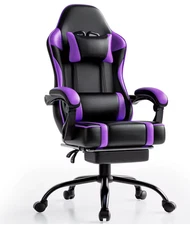 Gaming Chair with Footrest, PU Leather Reclining Video Game Chair Black/Purple