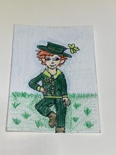 ACEO Original Colored Pencil Drawing Leprechaun Clover Grass Cartoon Art