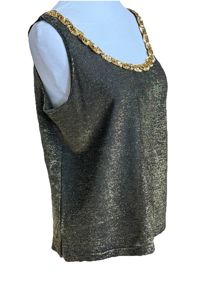 TWEEDS редкая винтажная 80-х черный + золото мерцающие блестки без рукавов блузка верхний Med - Изображение 3 из 4