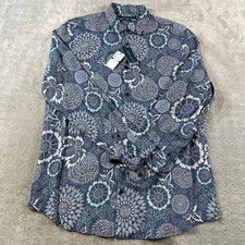 Camisa Perry Ellis Untucked Para Hombres XLT Azul Lino Floral Pestaña Enrollable Playa Vacaciones