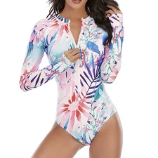 Rash Guard One Piece Swimsuit Women’s XL Long Sleeve Padded Bra Zip Floral NWOT