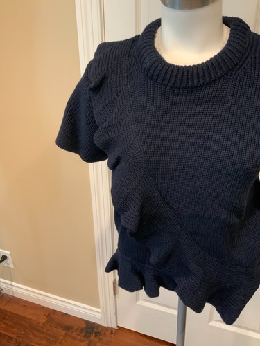 Maglione girocollo SEA New York blu navy lana manica corta con volant, taglia M - Foto 3 di 7