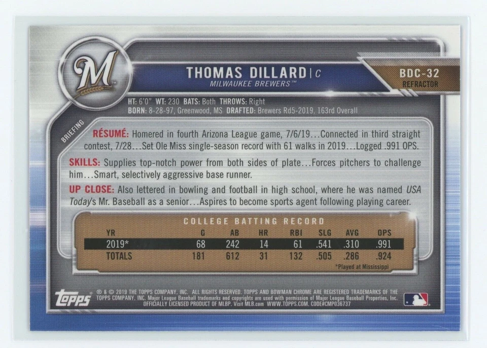 THOMAS DILLARD 2019 BOWMAN DRAFT CHROME - 1ST BOWMAN ROOKIE REFRACTOR BREWERS - Image 2 of 2