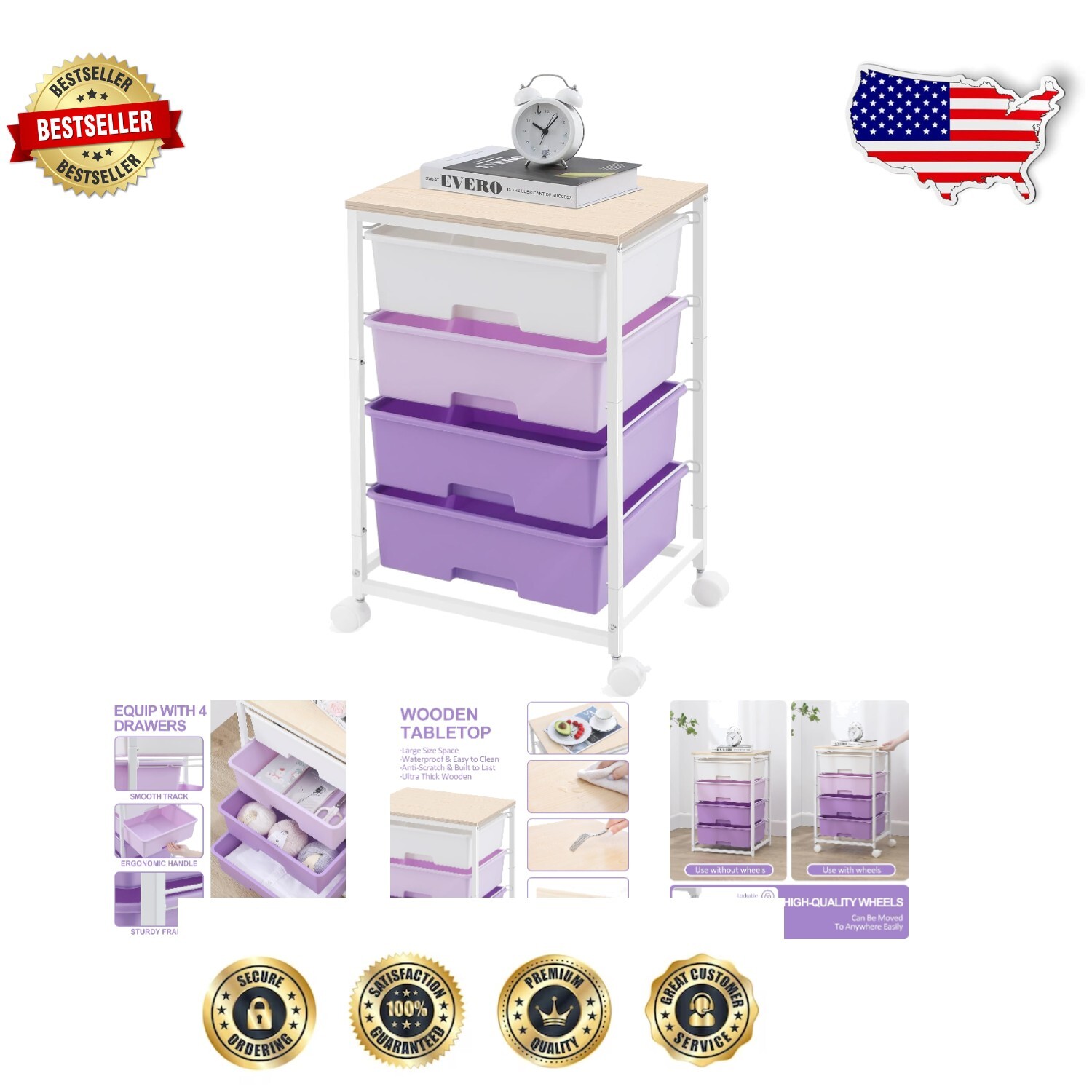 Stylish 4-Drawer Rolling Storage Cart with Locking Wheels - Purple Elegance