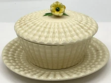 Antique Maruhon Ware Japan Porcelain Mustard Condiment Jar on Saucer Flower Lid