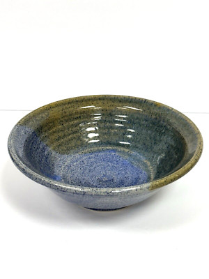Studio Artist Hand Turned Blue Green Raku Glazed Pottery Coupe Bowl Signed 8.5''
