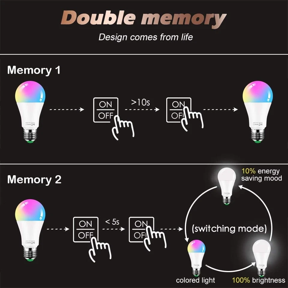 2 Pack A21 LED RGB Smart Light Bulb 15W 900LM Bluetooth E26 Base APP Control - Image 3 of 4