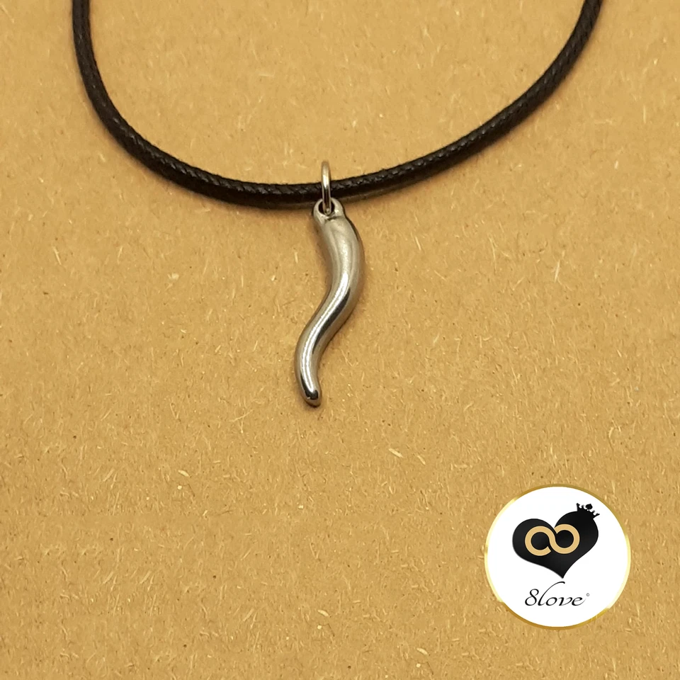 Collana con Corno Cornetto Acciaio argento in corda nera tipo caucciu Uomo Donna - Immagine 2 di 4