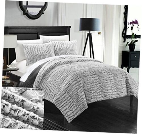 3 Piece New Faux Fur Collection with Mink Like Backing Queen (Comforter) Gray