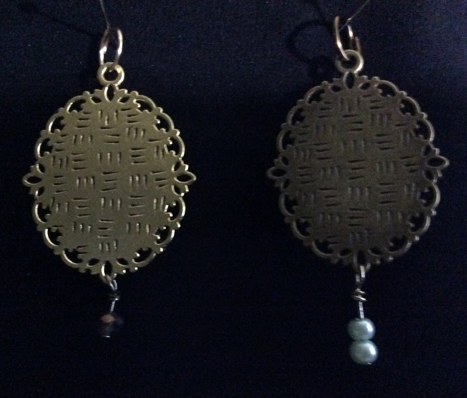 2 wearable art pendants antique finish gold & brass blue,purple,pink