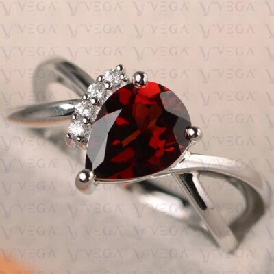 4.12Ct Pear Cut Natural Red Garnet & Diamond Wedding Ring 18K White Gold Plated