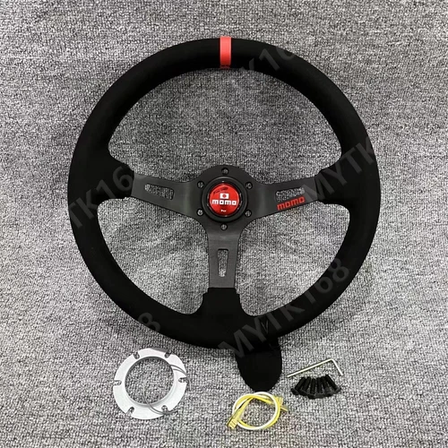 MOMO Suede Leather Deep Dish Racing Red horn Steering Wheel Black Red 13in - Picture 6 of 9