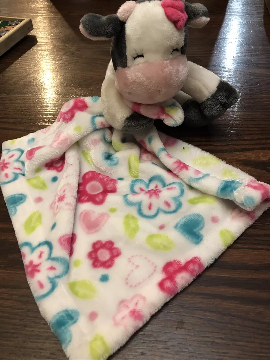 Little Miracles Cow Security Blanket Lovey Flowers Hearts Baby Soft Pink Teal