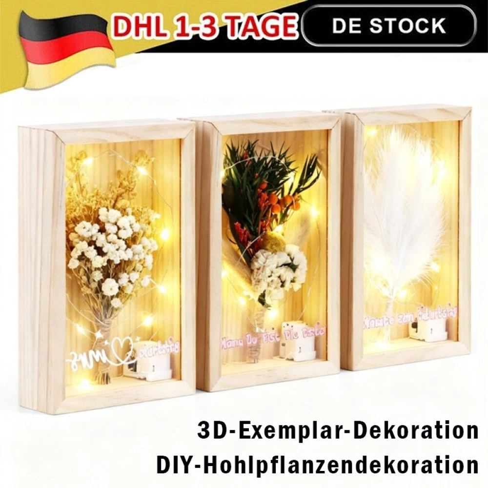 Hochzeit Muttertag Geburtstagsgeschenk Trockenblumenstrauß Massivholzbox mit LED