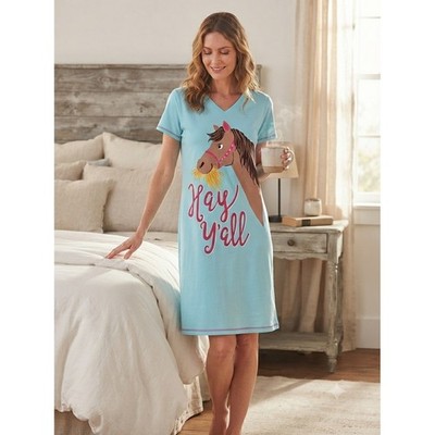Little Blue House Hatley Hay Y'all Horse Sleepshirt Aqua Blue Cotton One Size