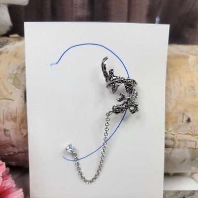 Flying Dragon Ear Cuff with Chain attached CZ Pierced Stud Earring