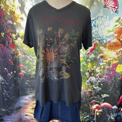 VTG Ed Hardy Tattoo Skull Japan Art Shirt Mens M Distressed 2000’s Y2K Thrashed - Image 1 of 4