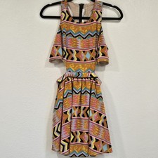 Lover + Friends Bright Geometric Clubwear Cocktail Halter Open Mini Dress XS