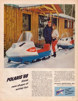 1967 Polaris '68 Snowmobile Print Ad Ski Lodge Sleek New Shape Winter Fun
