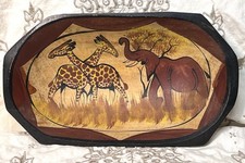 Rustic Hand Made Folk Art 12  Wooden Bowl Elephant  Giraffes Vintage Boho