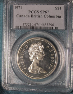 1971 CANADA " BRITISH COLUMBIA "..SILVER $1 DOLLAR..PCGS SP67..SHINY