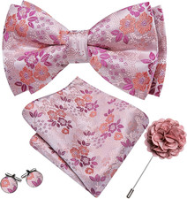 Bow Ties for Men Floral Silk Pre-Tied Bowtie Pocket Square Cufflinks Set Formal