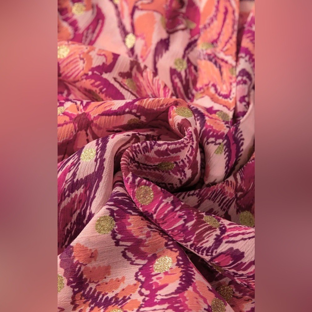 Boutique Pink Fuchsia Metallic Floral Print Ruffled Puff Short Sleeve Blouse- S