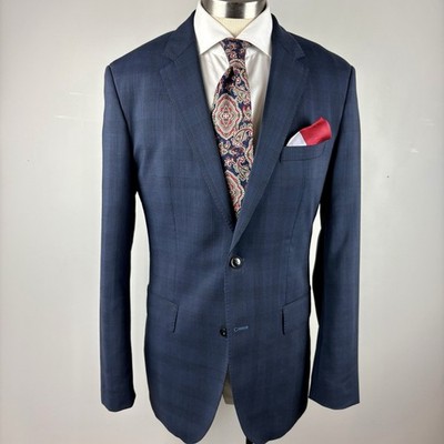 RECENT Hugo Boss The Keys6 38L blue black glen plaid 100% wool sport coat