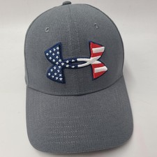 Under Armour Hat Fitted Seems M-L Gray USA American Flag Freedom Logo Flex Men