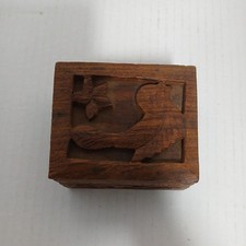 Vintage Small Carved Wood Trinket Box Made in India 3" Applied Fabric Interior