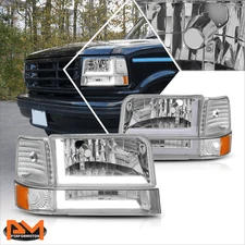 For 92-96 Ford F150-F350 6Pcs Dual L-Shape LED DRL Bumper Headlight Chrome/Amber
