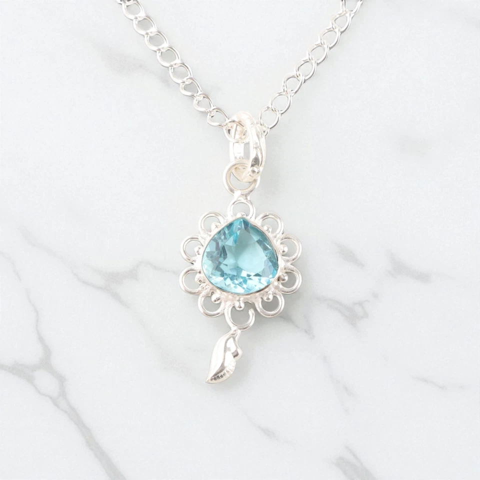 Sky Blue Topaz Gemstone 925 Sterling Silver Jewelry Partywear Pendant 1.80" Gift - Image 2 of 4