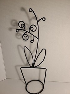Decorative Black Metal Wire Flower Pot Sculpture 16 Inches Tall