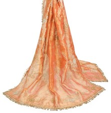 Sushila Vintage Gold Orange Heavy Dupatta Art Tissue Zari Sequins Work LongStole