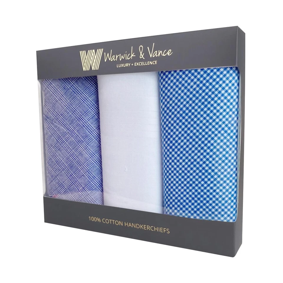Blue Gingham Men's Handkerchiefs 100% Cotton Gift Boxed 3 Pack - Image 2 of 4