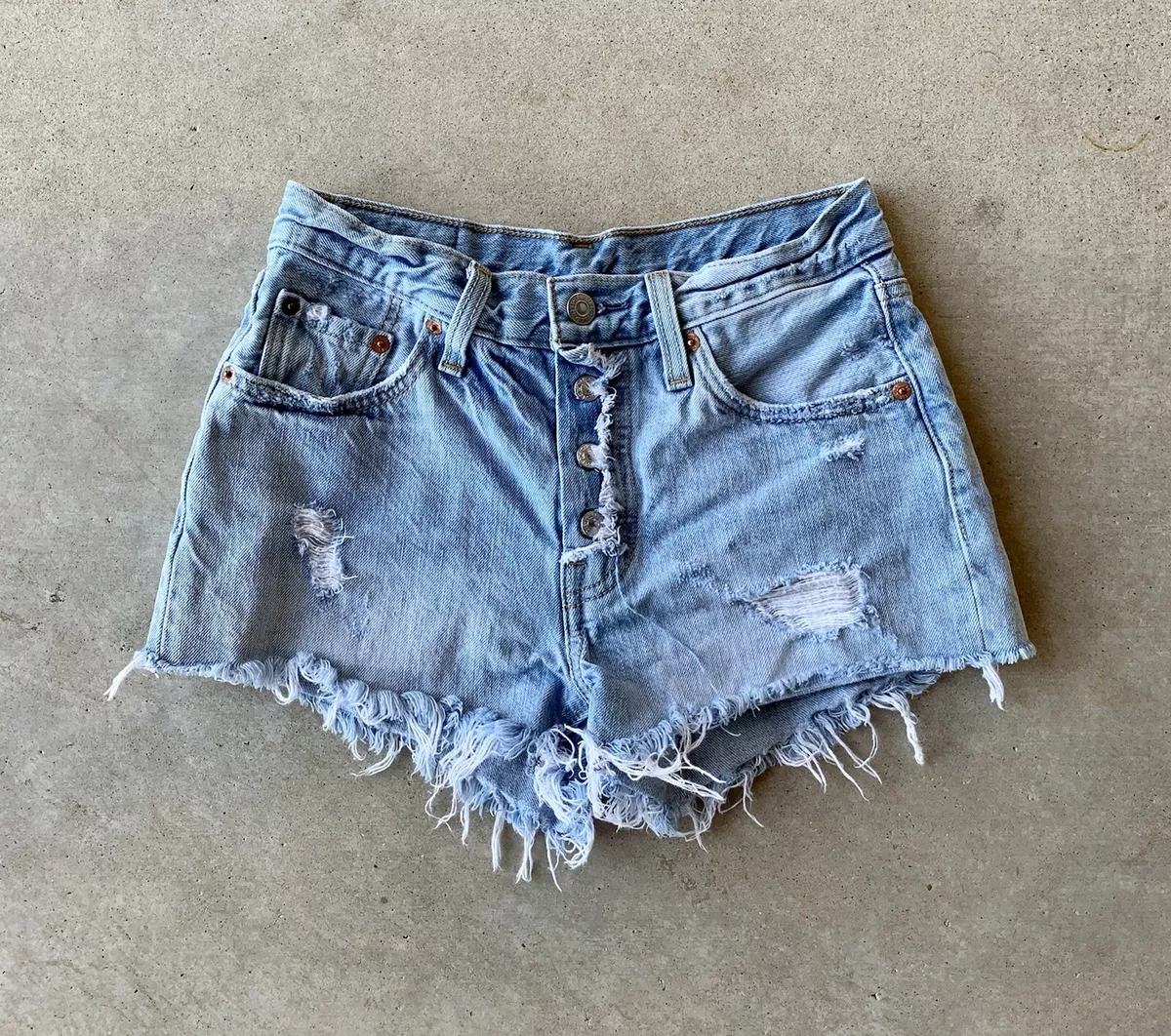 Womens Levis 501 Button Fly Cut Off Light Blue Shorts Daisy Duke