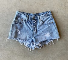Womens Levis 501 Button Fly Cut Off Light Blue Shorts Daisy Duke Distressed 24