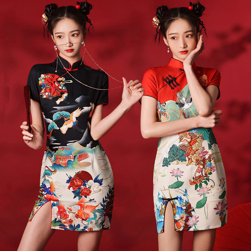 Women New Year Traditional Cheongsam Dress Frog Button Short