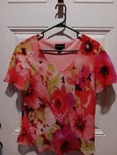 Vintage Kathy Roberts Size 16 Multi Color Floral Print Blouse Flow Short Sleeve