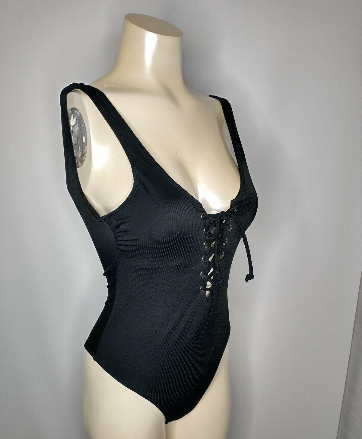 California Waves Cheeky Black Ribbed Lace-Up One Piece Swimsuit Size S New